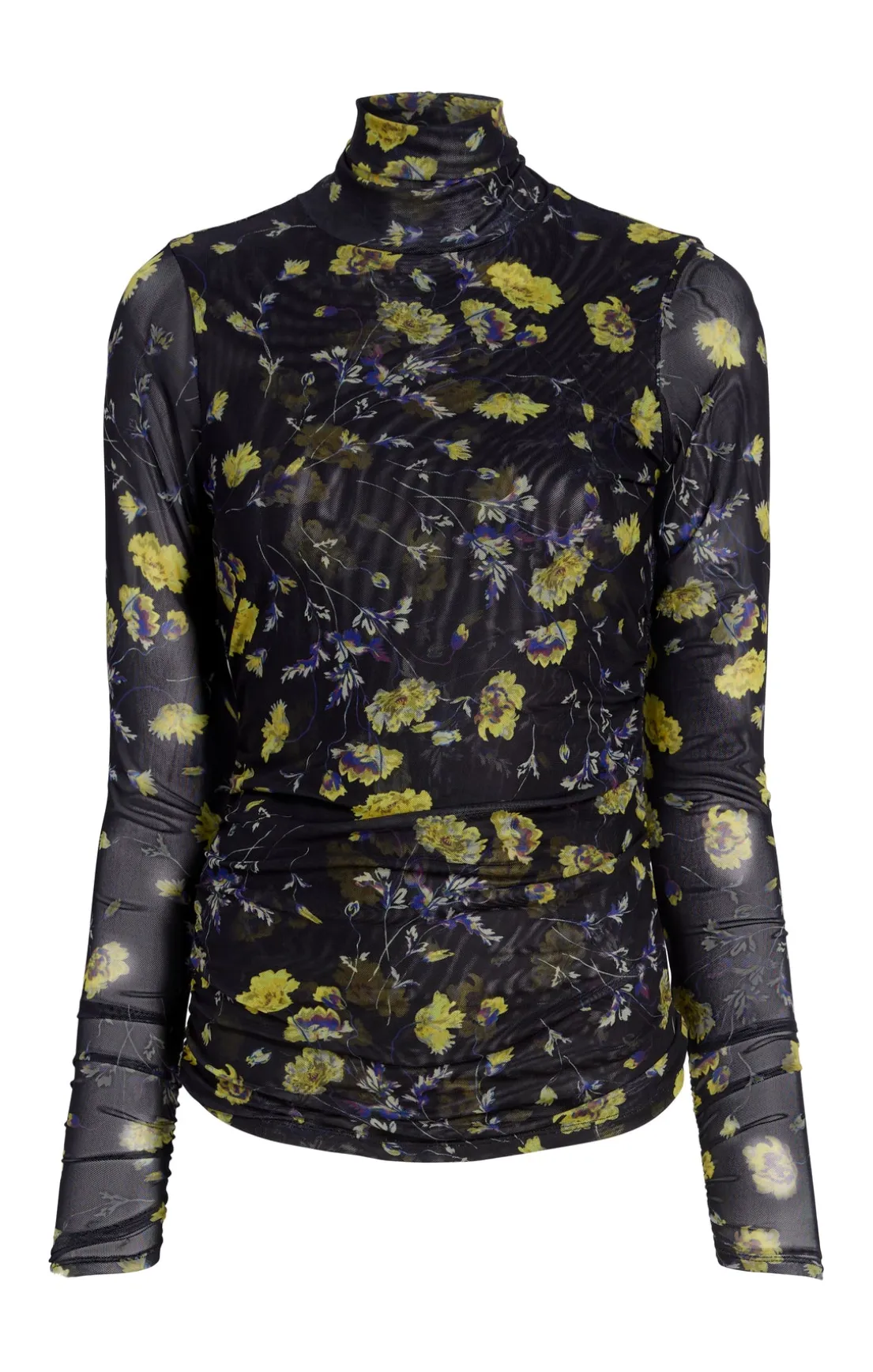 Falling Poppies Shirred Mesh Turtleneck