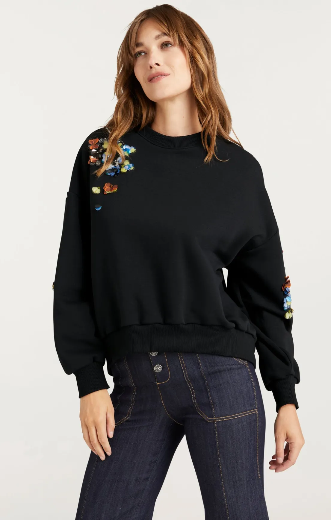 Sequin Flower Embellished Brandy Pullover