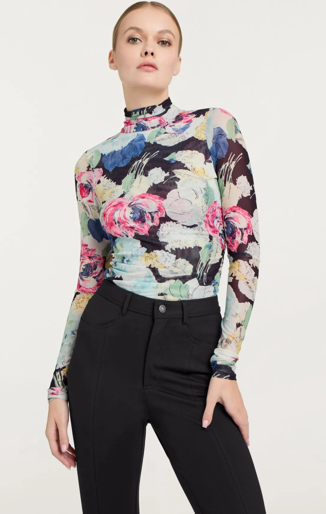 Wildwood Flower Shirred Mesh Turtleneck